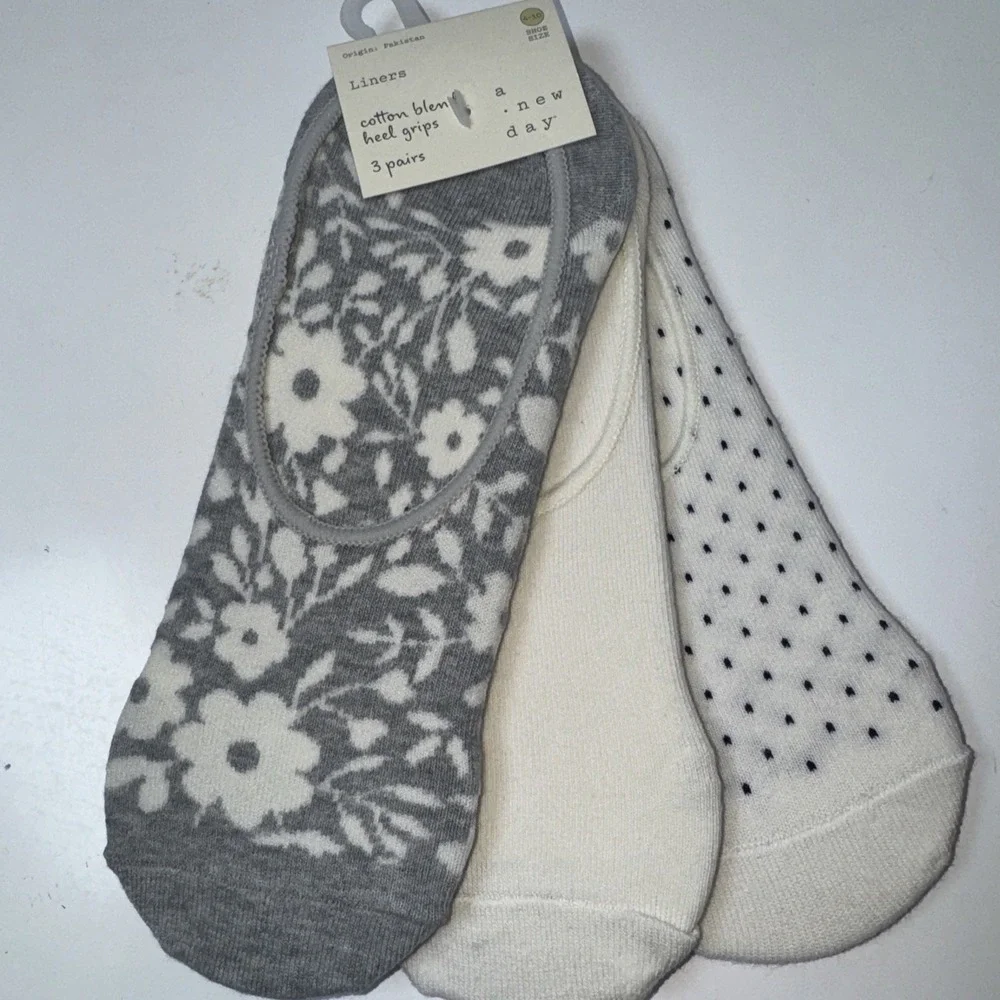 A New Day Cotton Blend Grey Liners Socks Heel Grips 3 Packs Of 3 Shoe Size 4-1